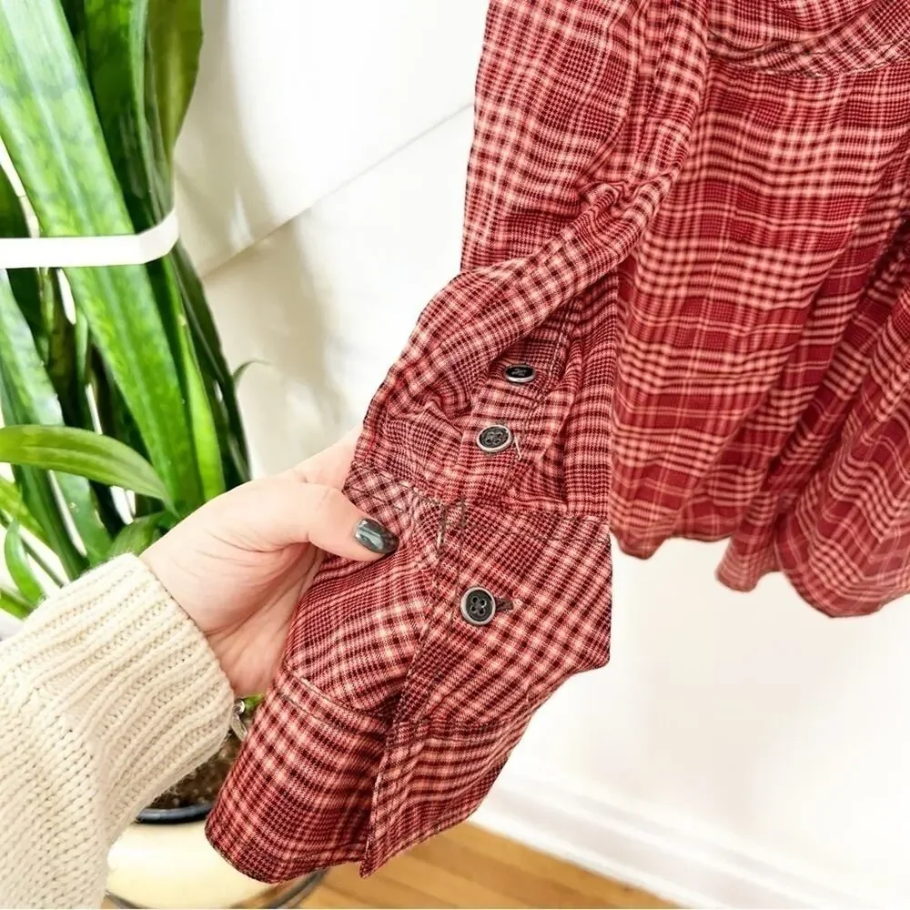 NWT Free People We The Free Red Combo Plaid Catalina Remade Shirt Combo Tunic S